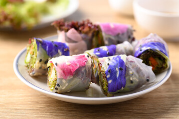 Fresh spring roll with flower and vegetable, Vegan food