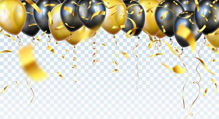 Balloon seamless border with shiny gold glitter confetti isolated