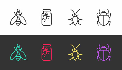 Set line Bee, Spider in jar, Cockroach and Mite on black and white. Vector