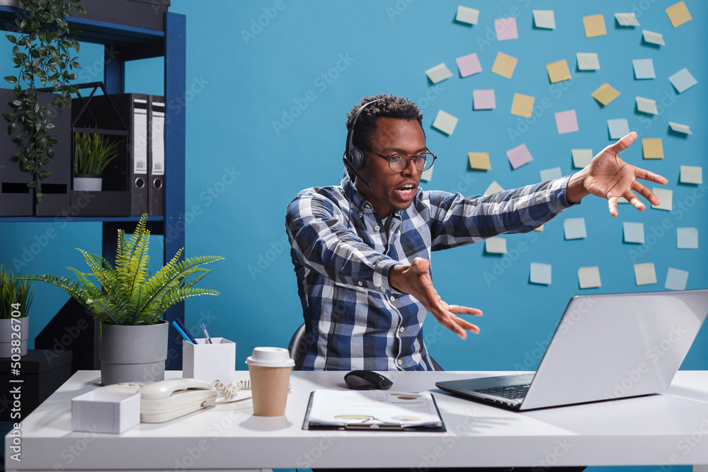 Wall mural mad angry call center operator shouting with rage while talking with client. furious telemarketing a