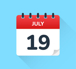 July 19. Modern daily calendar icon. Date, day, month. Calendar for the month of July