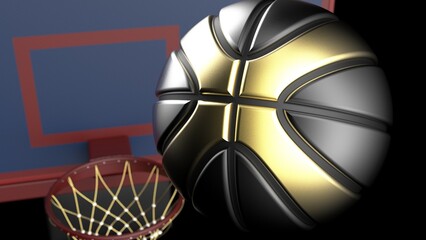 Metallic Black-Gold Basketball and Basketball Goal Plate under spot lighting background. 3D CG. 3D sketch design and illustration. 3D high quality rendering.