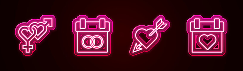 Set line Gender, Calendar, Amour with heart and arrow and . Glowing neon icon. Vector