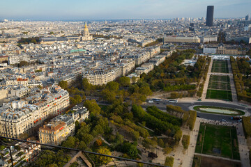 Panoramic view of summer Paris with avenues, houses and trees