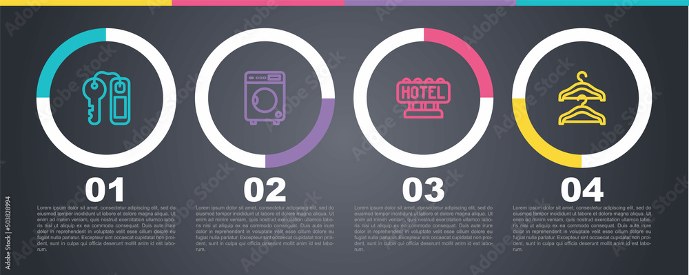 Wall mural Set line Hotel door lock key, Washer, Signboard with text and Hanger wardrobe. Business infographic template. Vector