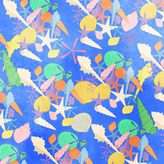 Fototapeta na wymiar Cute seashell pattern illustration bright blue