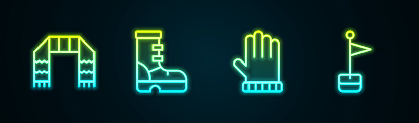 Set line Winter scarf, Waterproof rubber boot, Christmas mitten and Location marker. Glowing neon icon. Vector