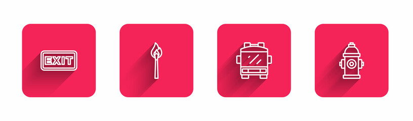 Set line Fire exit, Burning match with fire, truck and hydrant with long shadow. Red square button. Vector