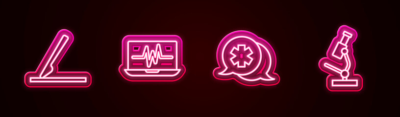 Obraz premium Set line Medical surgery scalpel, Laptop with cardiogram, Dialogue the doctor and Microscope. Glowing neon icon. Vector