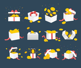 variety gift box bundle illustration set. ribbon, gold, pay, money, 3d, shop. Vector drawing. Hand drawn style.