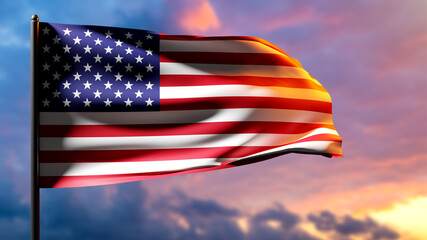 The US flag on a bright blurry background. The American flag on the flagpole. Banner with stars and stripes. A bright collage with the symbol of America. National flags. 3d image