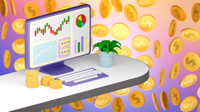 Making a profit. Profitable investments. Desktop business analytics and gold coins around. Successful transactions on the stock exchange. Bright collage about profitable capital investments. 3d image