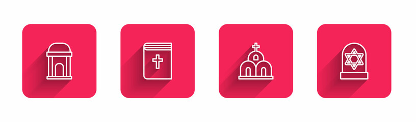 Set line Old crypt, Holy bible book, Church building and Grave with star of david with long shadow. Red square button. Vector