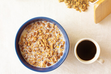 Granola Cereal and bananas, Healthy Breakfast, Coffee, Top view