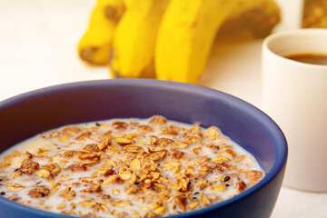 Granola Cereal and bananas, Healthy Breakfast, Coffee, Top view