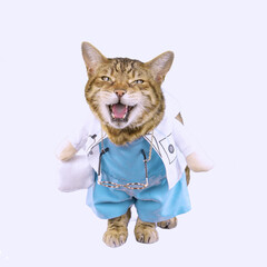 Funny Bengal cat dressed up in a doctor costume on white background