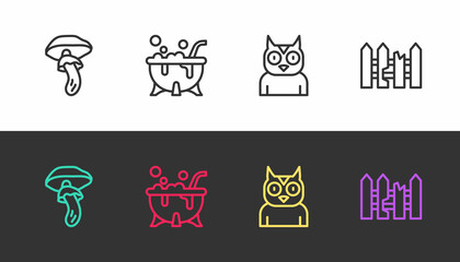 Set line Psilocybin mushroom, Halloween witch cauldron, Owl bird and Garden fence wooden on black and white. Vector
