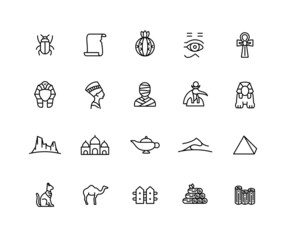 Collection of Desert linear icons. Set of Egypt, Horus, Cleopatra, mummy, oasis, pyramid symbols drawn with thin contour lines. Vector illustration.