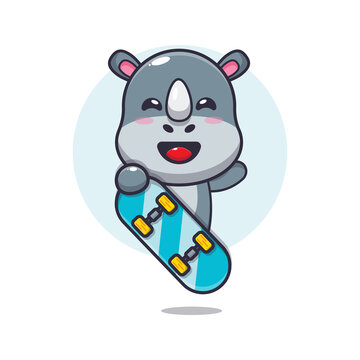 cute rhino mascot cartoon character with skateboard