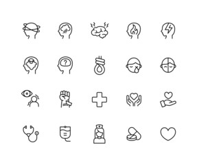 Psychiatry illness linear icons. Set of Stress, panic, depression symbols drawn with thin contour lines. Vector illustration.