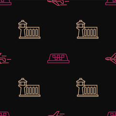 Set line Plane, Airport control tower and Taxi car roof on seamless pattern. Vector