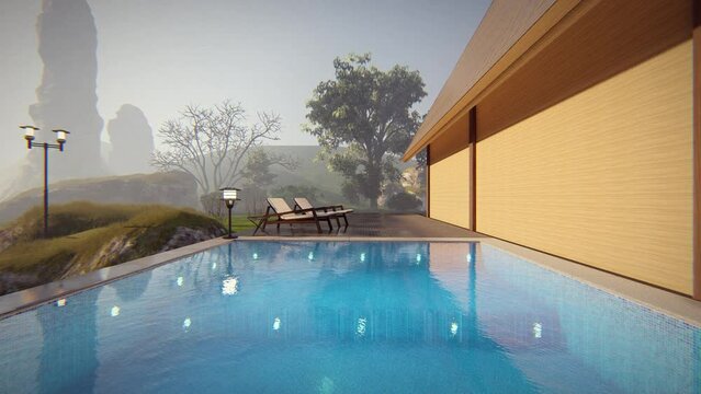 swimming pool and wooden deck with sun bed in the wooden house nature background 3d animation