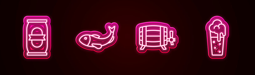 Set line Beer can, Dried fish, Wooden barrel and Glass of beer. Glowing neon icon. Vector