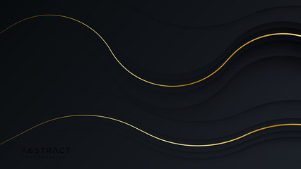 Dynamic wavy dark abstract background with golden lines