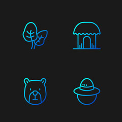 Set line Camping hat, Bear head, Tropical leaves and African hut. Gradient color icons. Vector