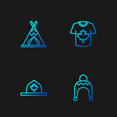 Set line Winter hat, Canadian ranger, Indian teepee or wigwam and Hockey jersey. Gradient color icons. Vector
