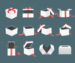 Gift box of various composition illustration set. confetti, ribbon, present, birthday. Vector drawing. Hand drawn style.