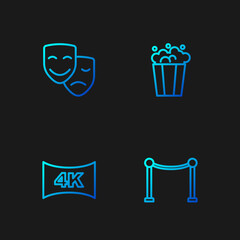 Set line Rope barrier, Screen tv with 4k, Comedy and tragedy masks and Popcorn in cardboard box. Gradient color icons. Vector