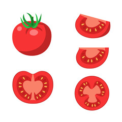 Set of tomato - whole, half and sliced. Red tomatoes isolated on a white background. Stock vector illustration.