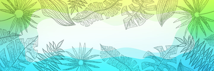 Multicolor vector banner, tropical leaves, floral frame, abstract shapes