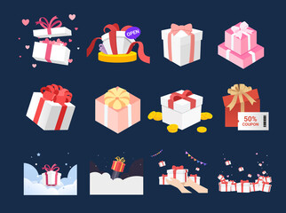 event gift box package illustration set. present, ribbon, heart, garland, confetti. Vector drawing. Hand drawn style.
