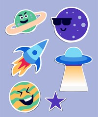 Cartoon cute planet sticker. Happy planetary faces, smiling earth and sun in universe space. Astronomy solar system planet sticker uranus mercury jupiter neptune.