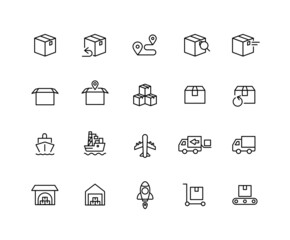 Parcel Service linear icons. Set of shipment, transportation, delivery symbols drawn with thin contour lines. Vector illustration.