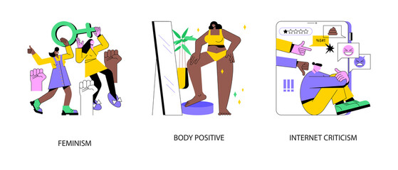 Social activism abstract concept vector illustration set. Feminism, body positive, internet criticism, girl power, gender equality, plus size brand promotion, troll message abstract metaphor.