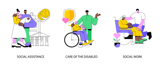 Volunteer help abstract concept vector illustration set. Social assistance, care of the disabled, social work, home nursing, caregiver support, disability care, low income, charity abstract metaphor.