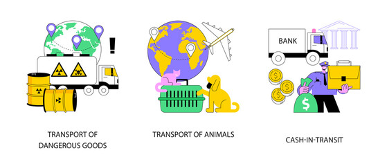 Transit and logistics abstract concept vector illustration set. Transport of dangerous goods, animal transportation, cash-in-transit, barrels storage, truck trailer, container abstract metaphor.