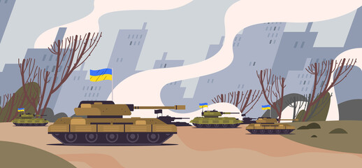 Ukrainian tanks with flags special battle transport military equipment heavy armored fighting vehicle concept