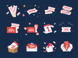 event coupon bundle illustration set. 3d, present, coin, gift box, confetti, point. Vector drawing. Hand drawn style.