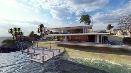 closed luxury modern house elevation view from the sea 3d animation