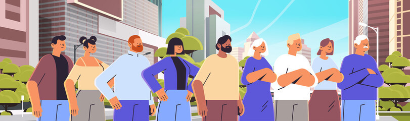 mix race people group in casual clothes standing together outdoor horizontal