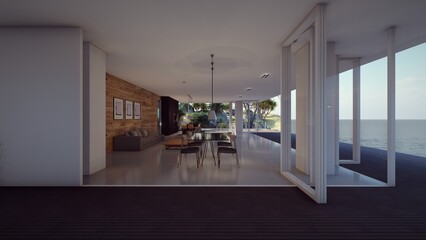 Fototapeta na wymiar interior of luxury modern house view from outdoor 3d illustration