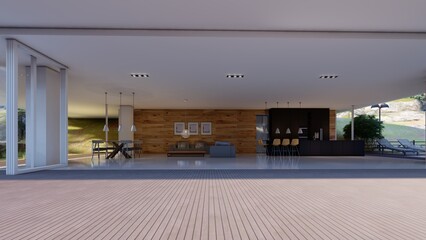 luxury modern house elevation interior view from the wooden deck 3d illustration