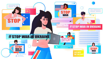 woman using tablet pc pray for Ukraine peace save Ukraine from russia social media network communication stop war