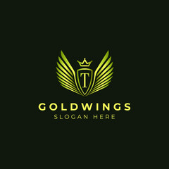Gold Wings with Letter T emblem badge Logo template