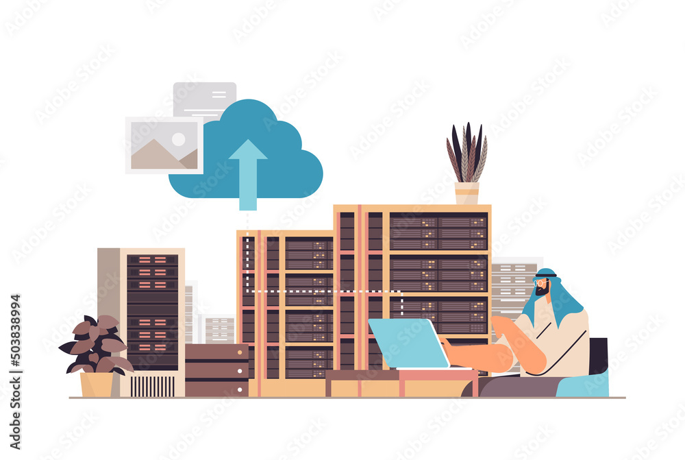 Poster arab man working in data center technical room hosting server database concept horizontal portrait