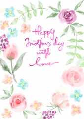 Fototapeta na wymiar Happy Mother's Day Handpainted watercolor frame with blooming flowers
